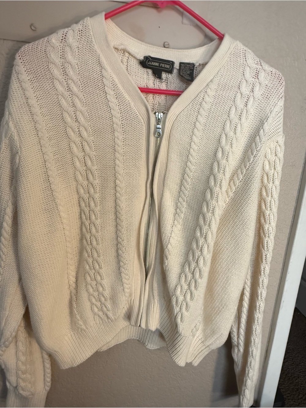 Jeanne Pierre Cream Cable-Knit Zip Front Sweater- Large Relaxed Fit